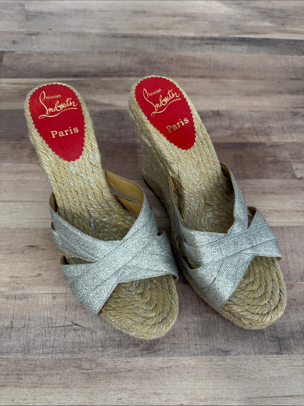 Christian Louboutin Metallic Silver Espadrille Wedge Sandals